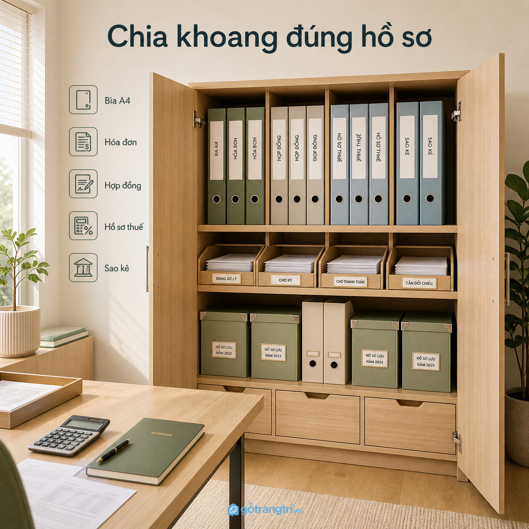 Chia khoang theo bìa còng, hóa đơn, hợp đồng và hồ sơ thuế