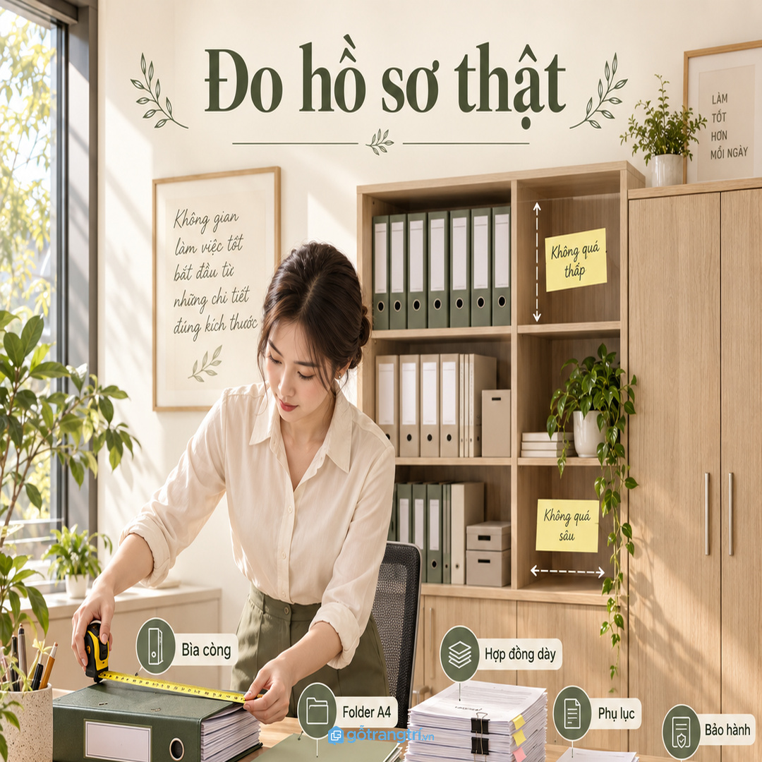 Đo bìa trình ký phong bì và tập hồ sơ thật trước khi chốt khoang