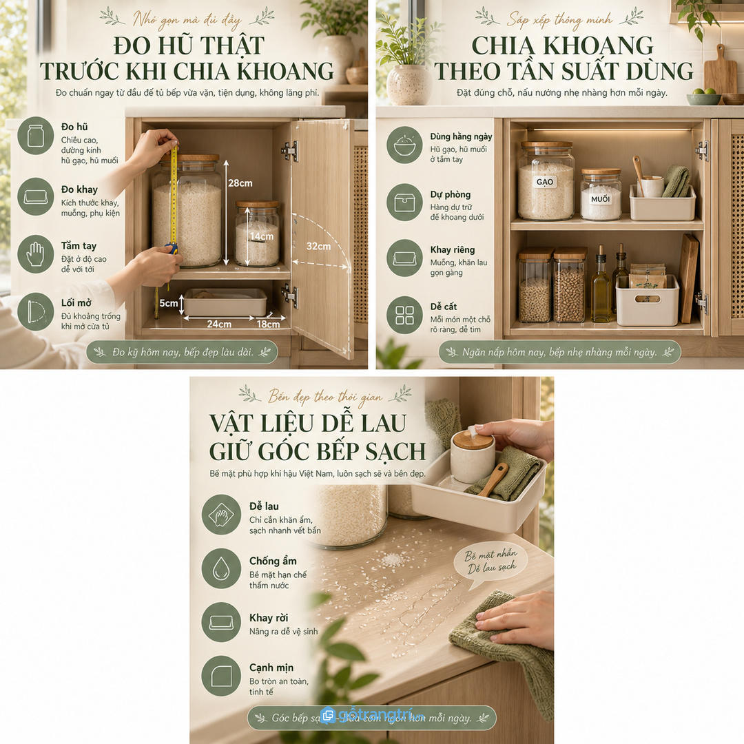 Đo hũ gạo muối bình nước và khay nhỏ trước khi chia khoang