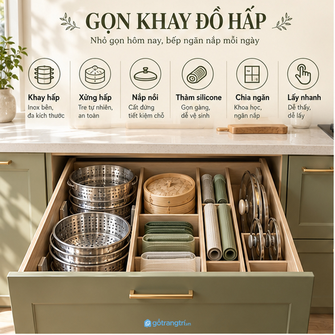 Chia khoang theo xửng hấp khay phẳng nắp nồi giấy nến và dụng cụ gắp