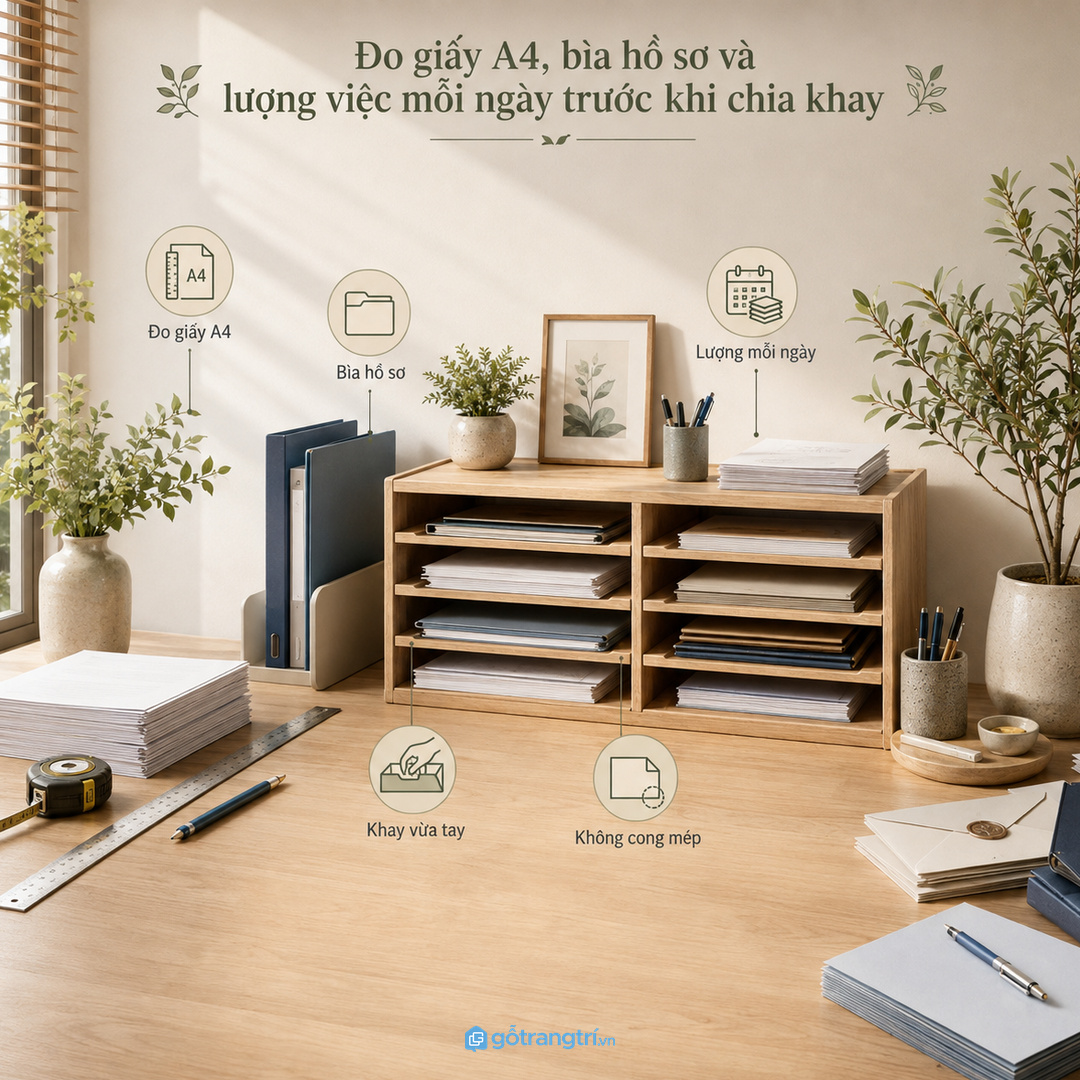 Chọn kích thước theo giấy A4, bìa hồ sơ và lượng việc mỗi ngày