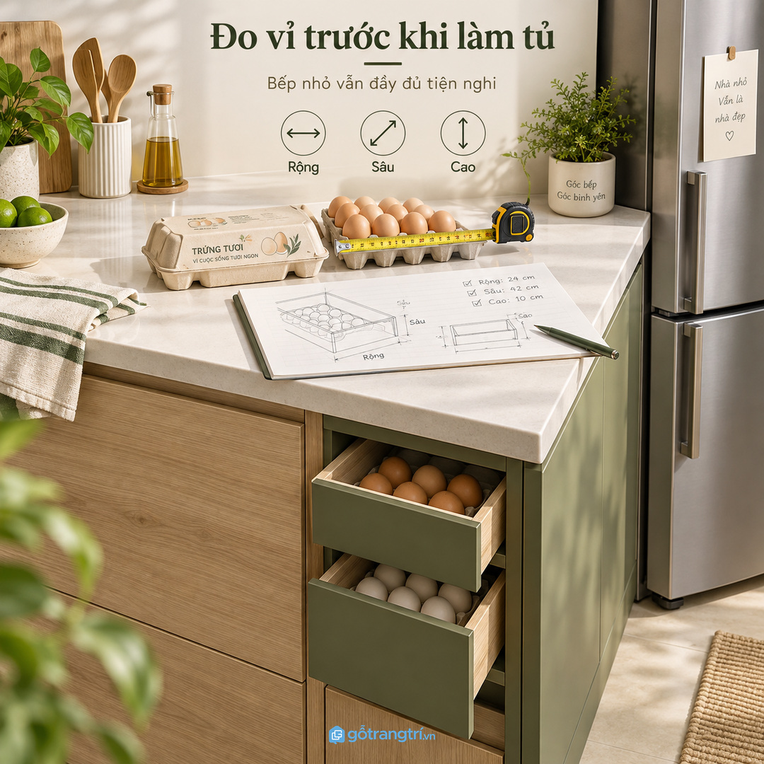 Đo vỉ trứng trước khi làm hộc kéo hoặc tủ phụ