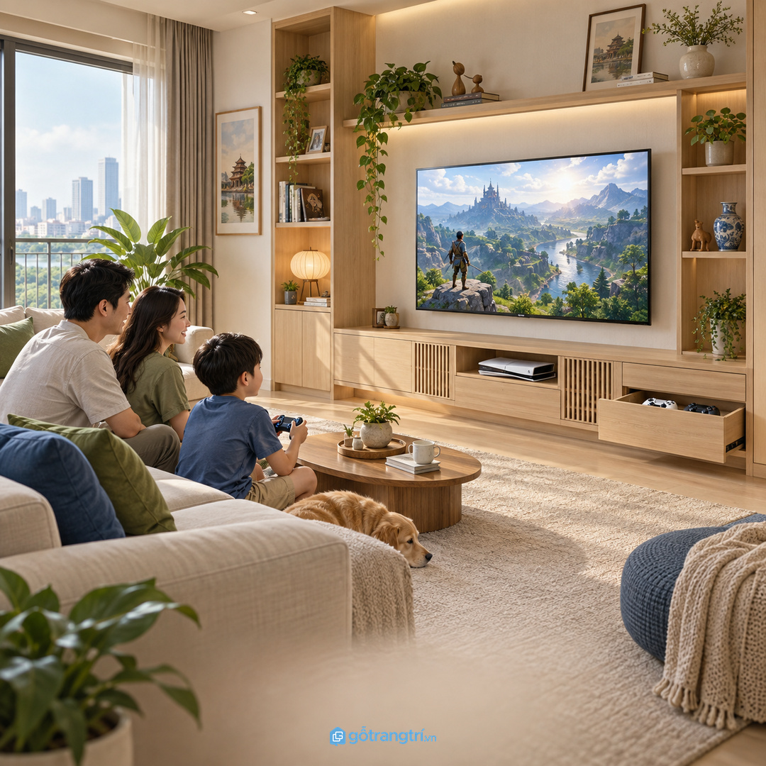 Đường đi dây sạch giúp kệ tivi gọn mắt và giảm rối phía sau