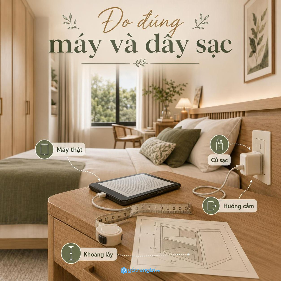 Đo máy đọc sách, củ sạc và hướng cắm trước khi đặt làm tủ