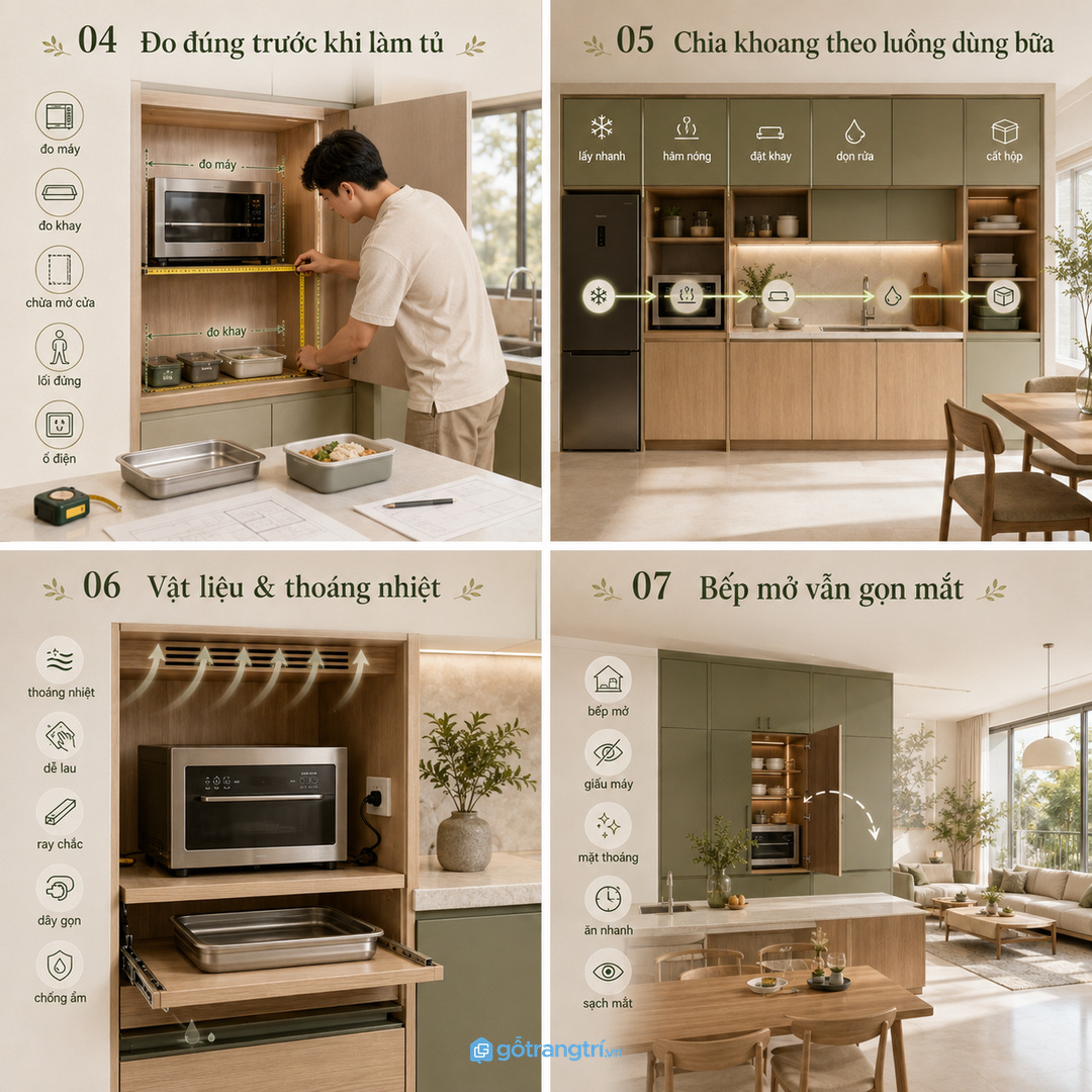Đo máy, hộp cơm, khay nóng và khoảng mở trước khi đặt làm tủ