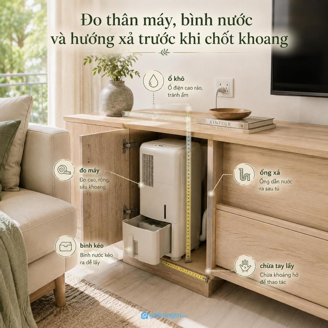Đo thân máy, bình nước và hướng xả trước khi chốt khoang