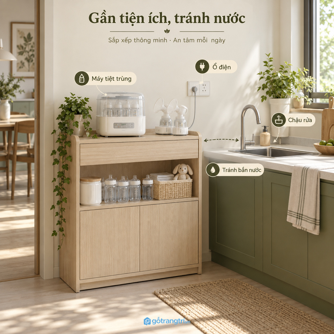 Vị trí tủ cần gần ổ điện, chậu rửa và máy tiệt trùng nhưng không bị ướt