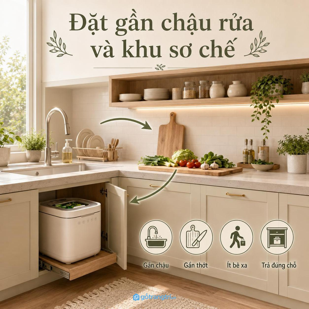 Đặt máy rửa rau gần chậu rửa và khu sơ chế giúp thao tác ngắn hơn