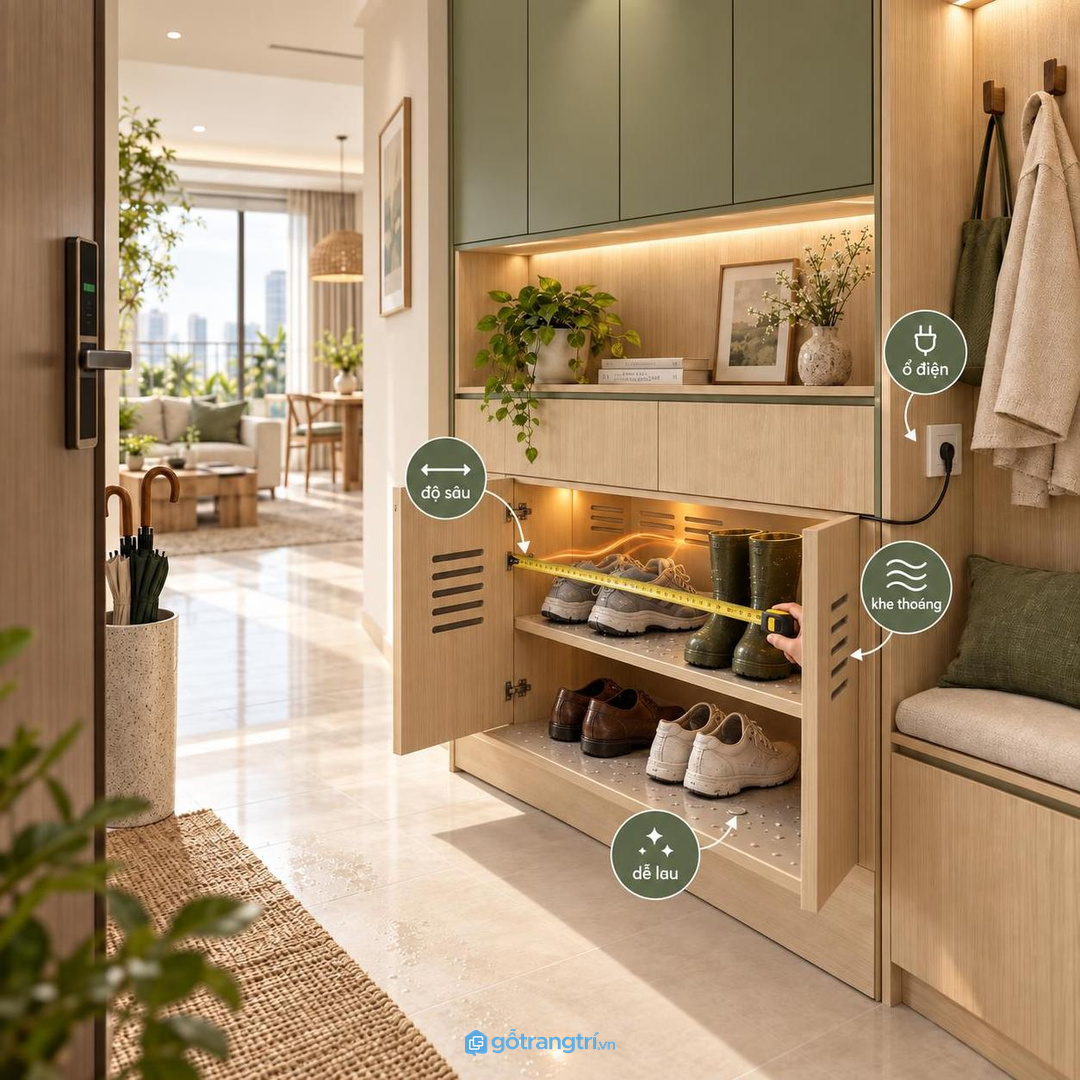 Đo chiều sâu tủ và vị trí ổ điện trước khi đặt làm