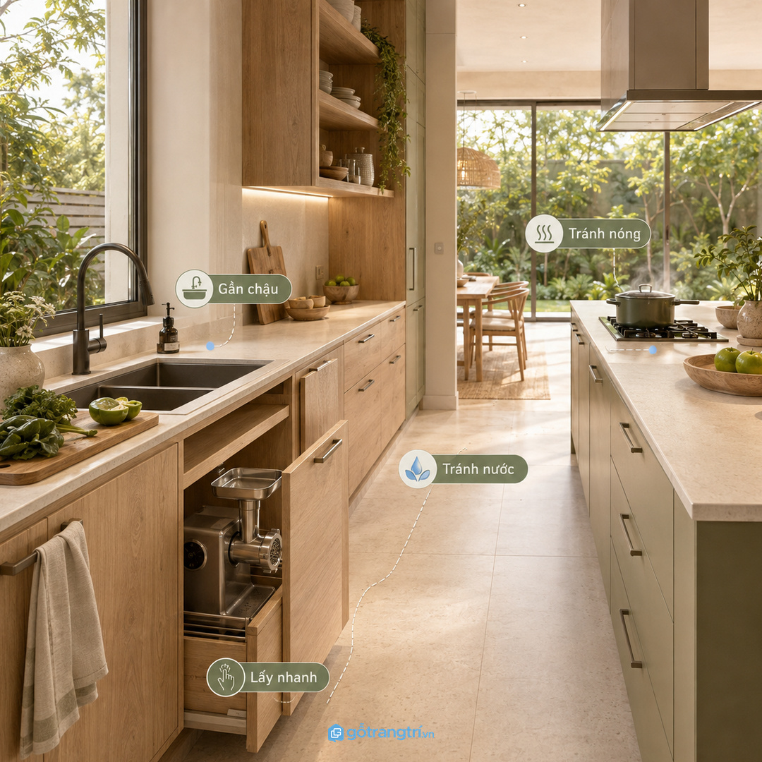 Đặt gần khu sơ chế nhưng tránh nước bắn và vùng nóng