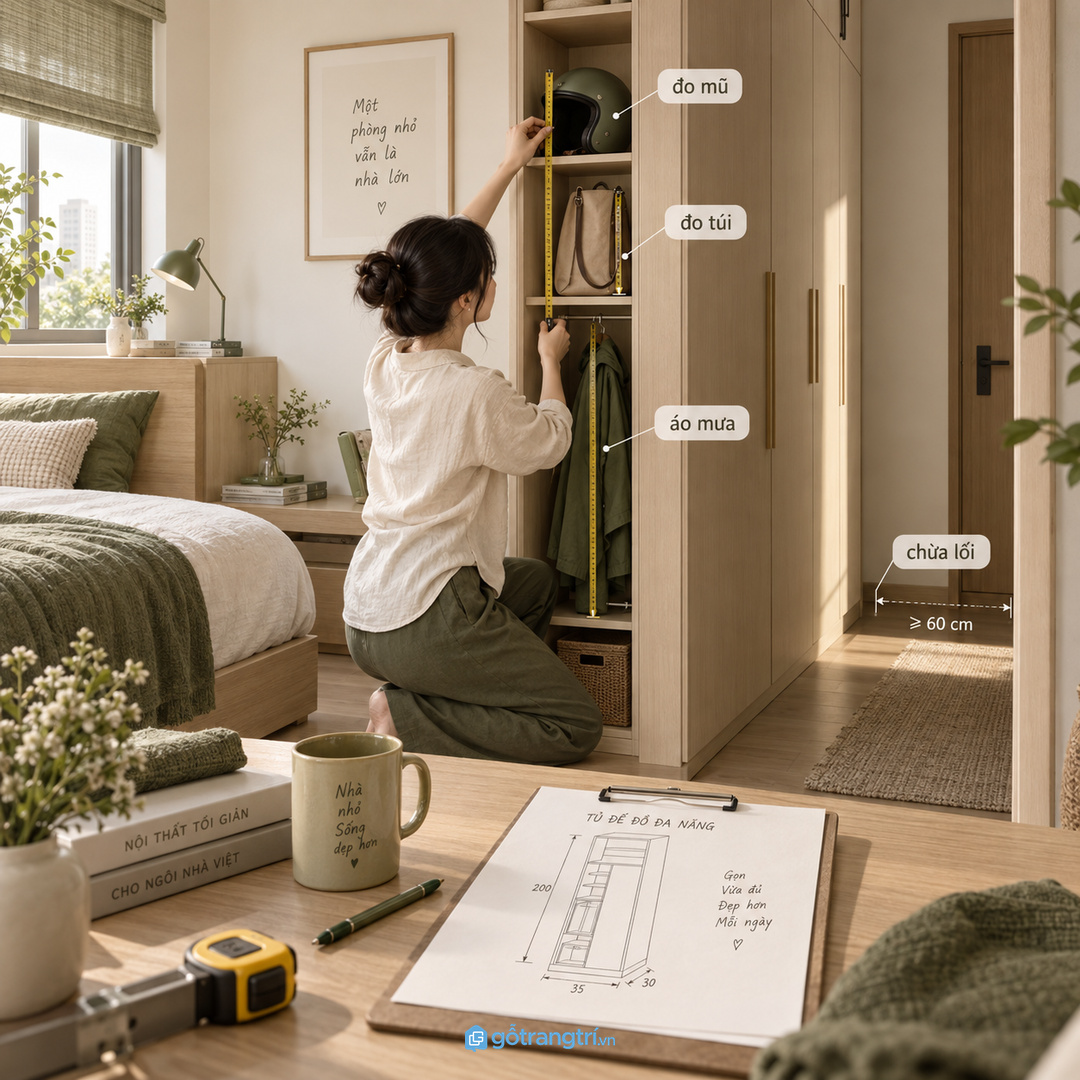 Đo kích thước mũ, túi và áo mưa trước khi đặt làm tủ