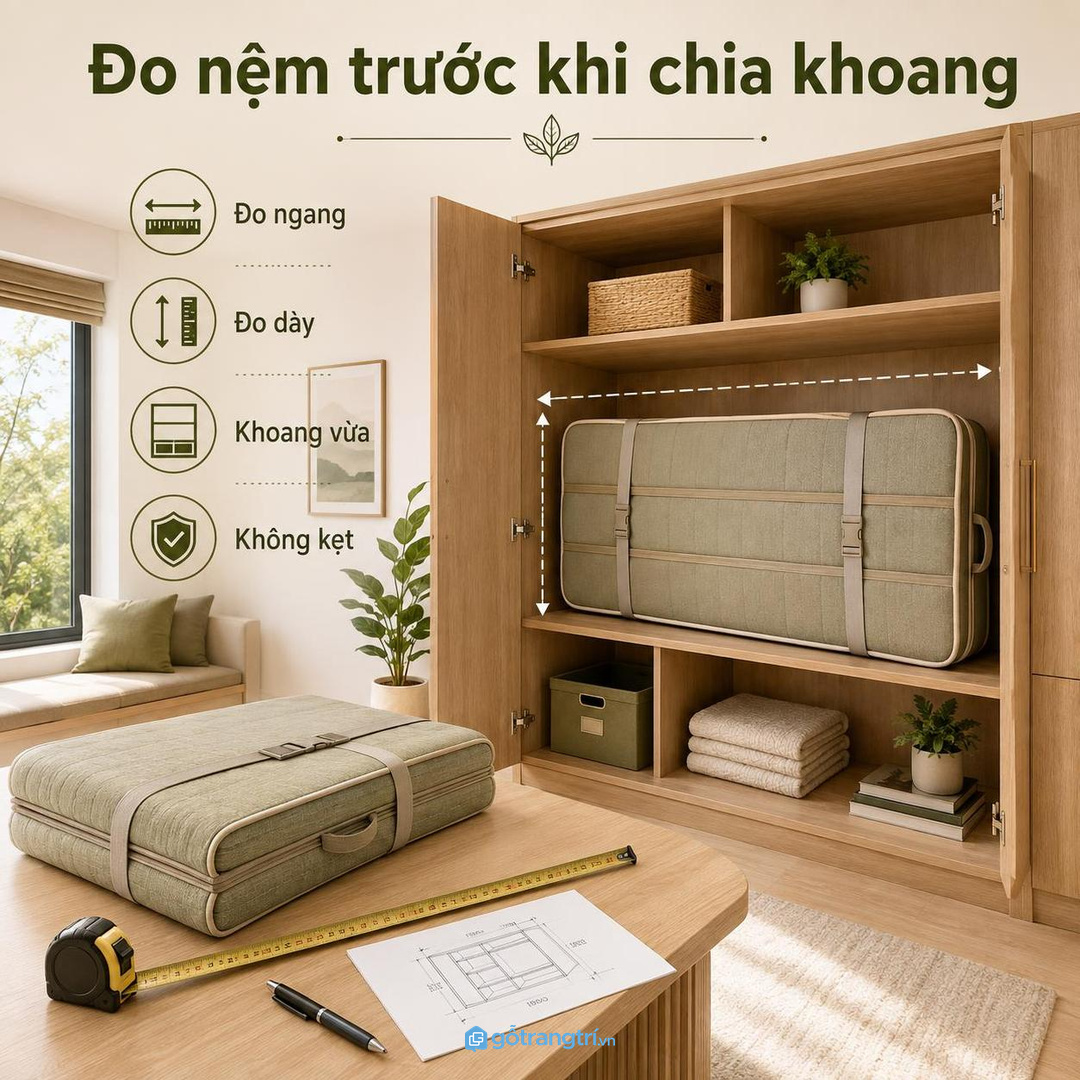 Đo nệm gấp trước khi chia khoang giúp tủ vừa đồ không kẹt và giữ form nệm