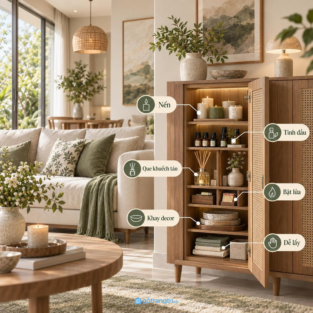 Khoang kín giúp bật lửa, diêm, nến dự phòng và chai tinh dầu nhỏ an toàn hơn