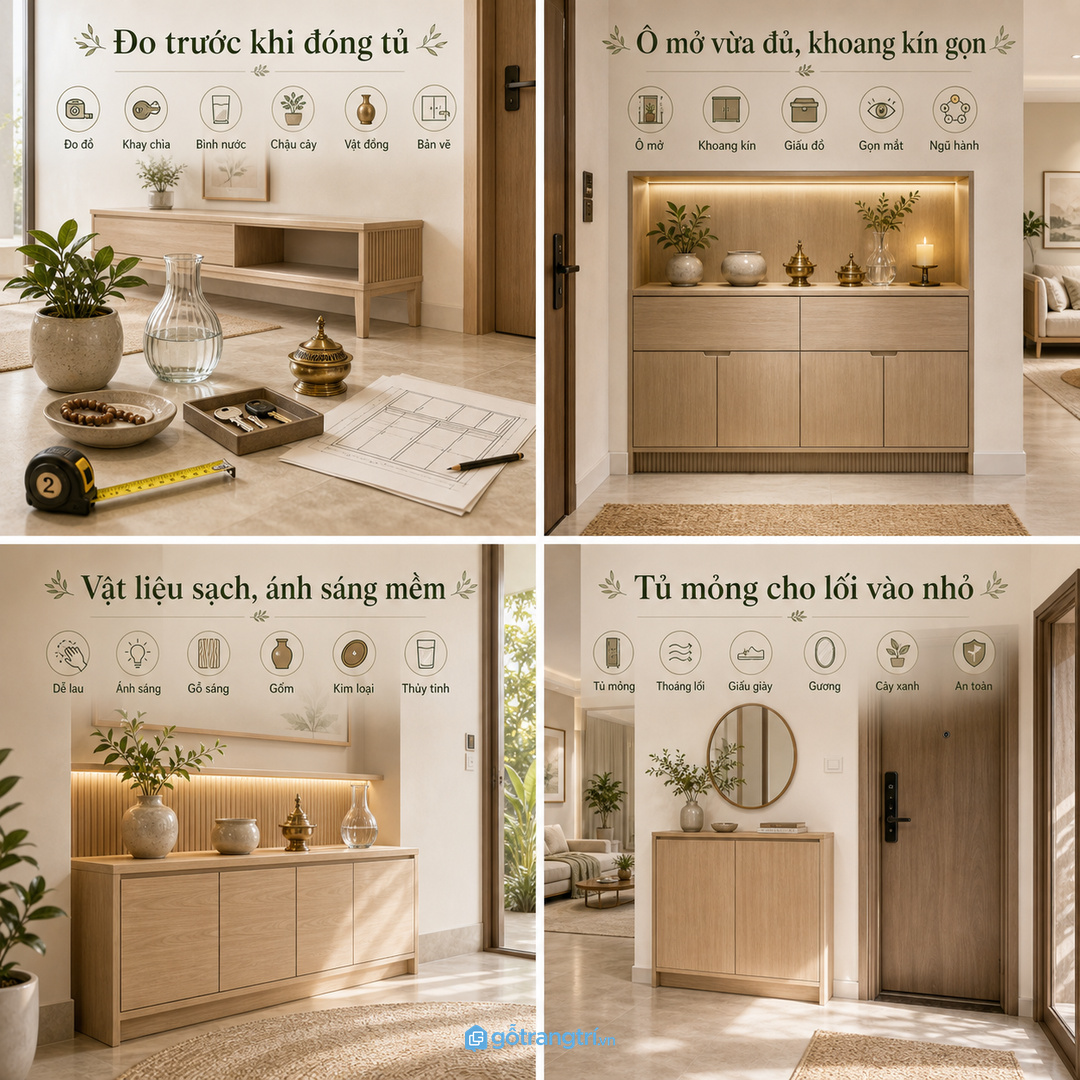 Đo đá, gốm, cây nhỏ, khay nước và hộp nhang trước khi đóng tủ