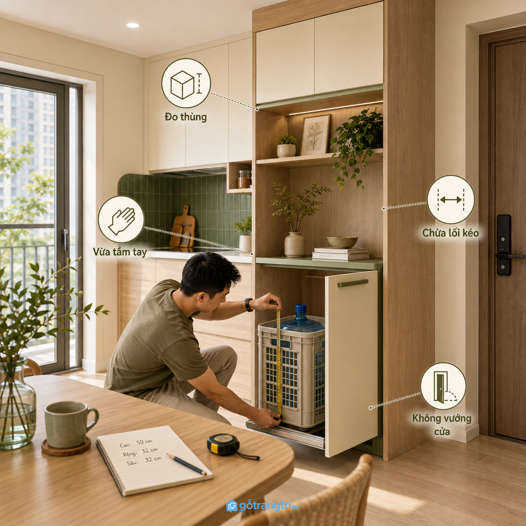 Đo thùng nước bình nước khoảng mở cánh và lối đứng trước khi đặt làm