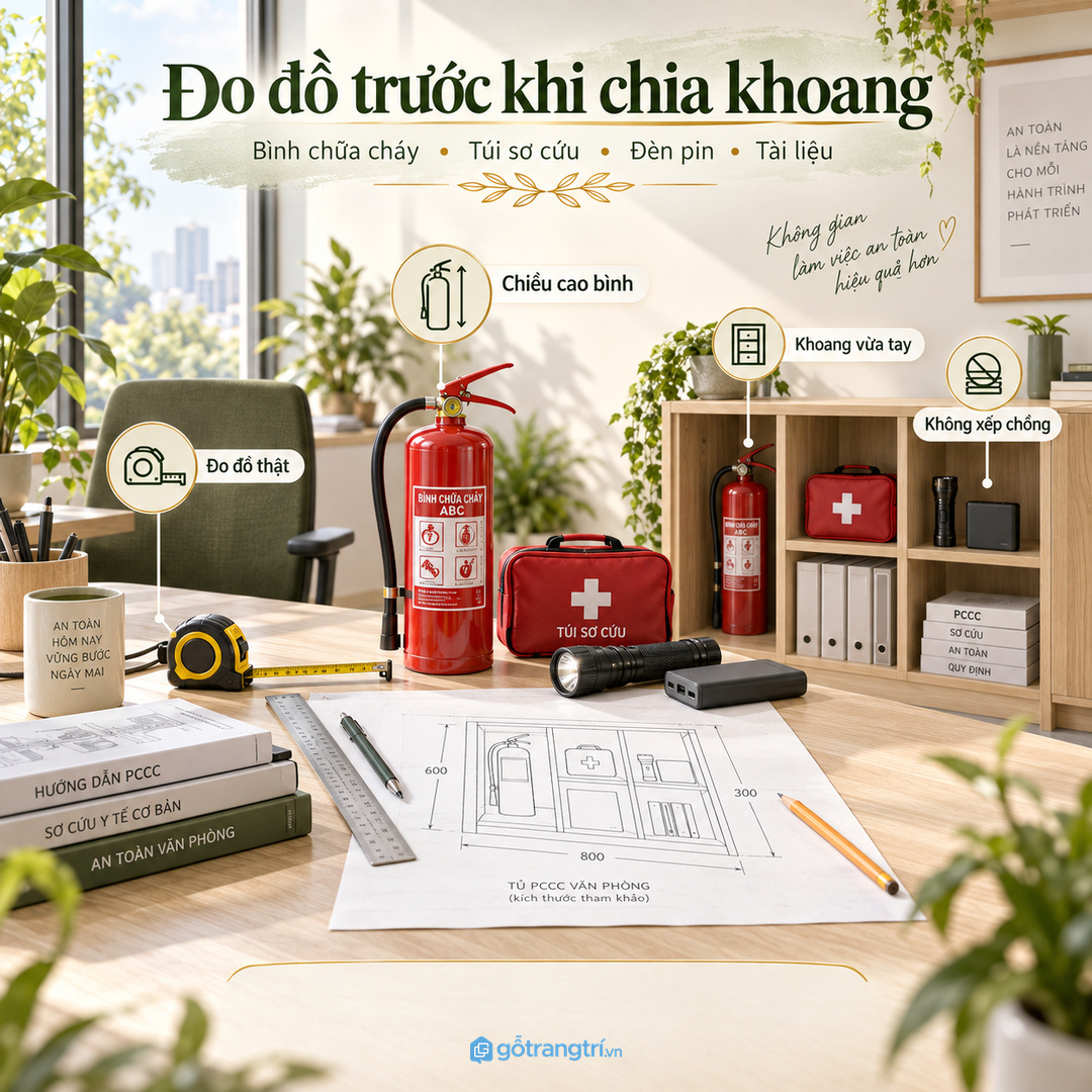 Đo bình chữa cháy túi sơ cứu đèn pin và tài liệu trước khi chia khoang