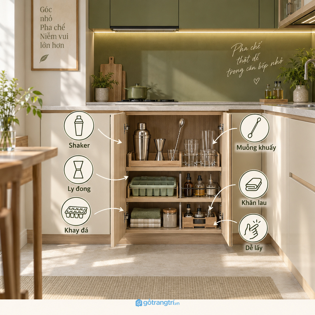 Một khoang pha chế nhỏ giúp bếp mở nhìn gọn cả ngày