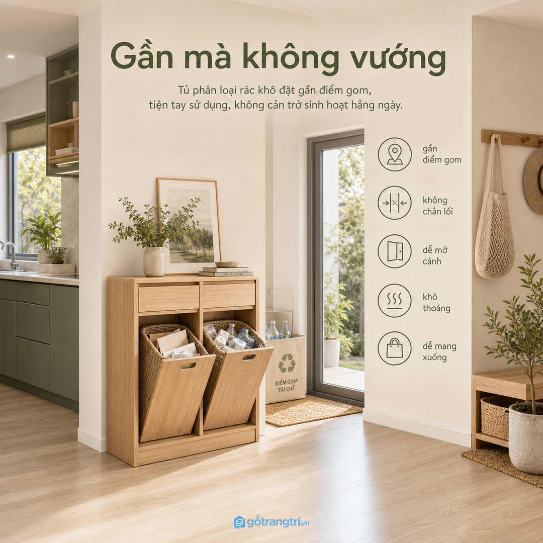 Chia khoang cho pin cũ dây sạc hỏng giấy sạch chai lọ khô và túi gom