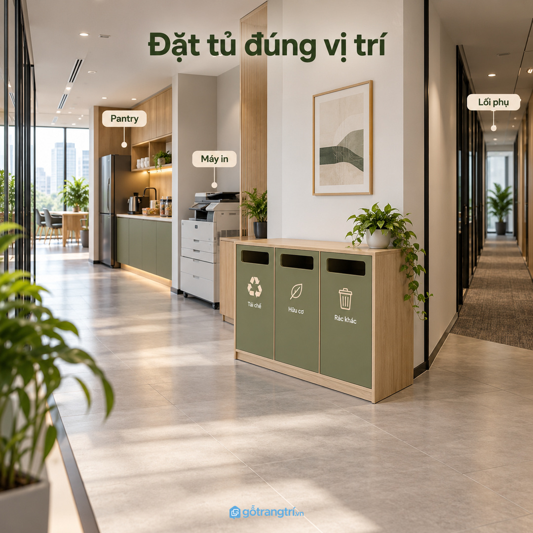 Vị trí tủ nên gần pantry máy in hoặc lối phụ nhưng không cản lối đi