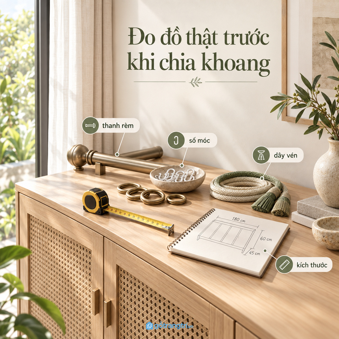 Đo chiều dài thanh rèm số lượng móc khoen và dây vén trước khi chia khoang