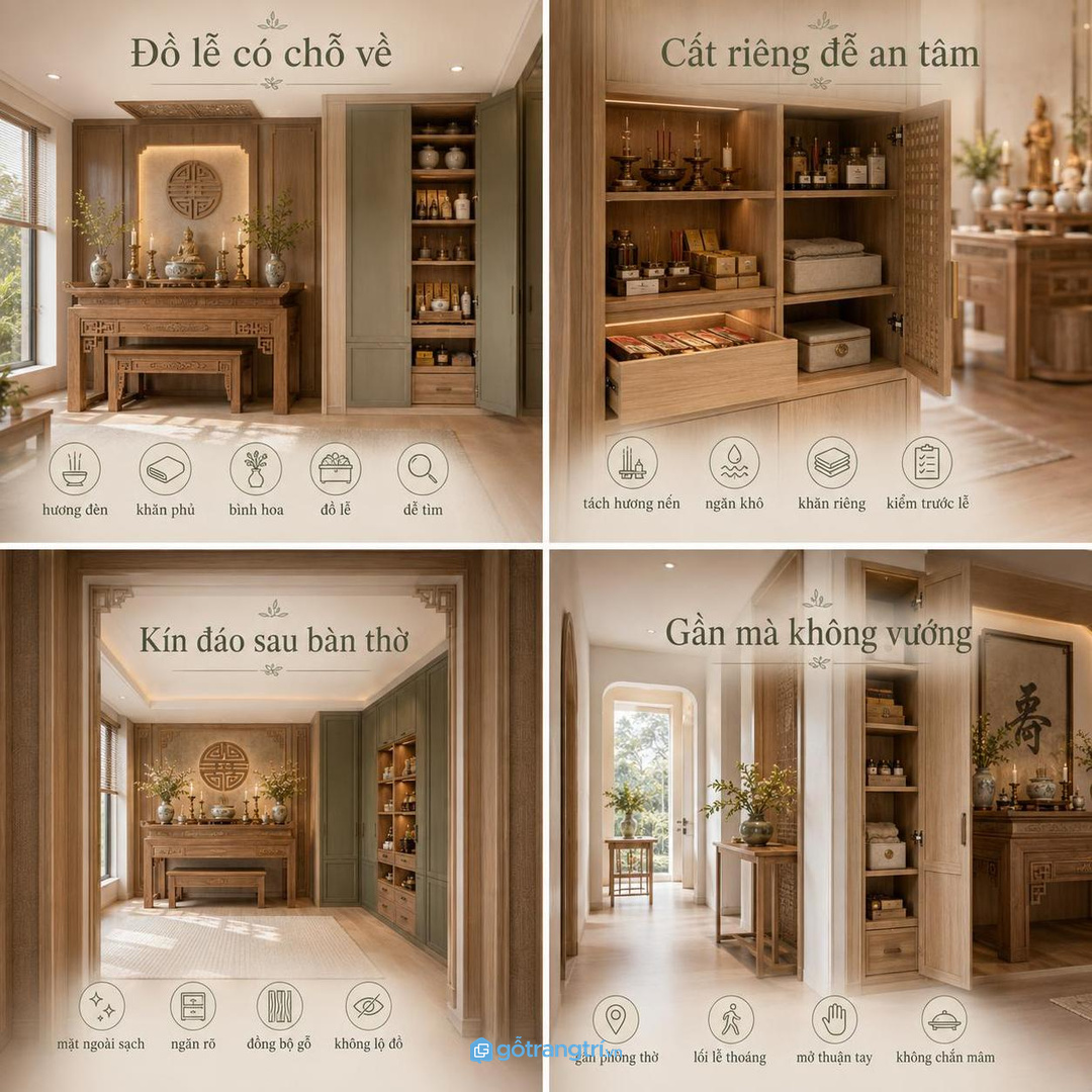 Vị trí tủ đồ lễ nên gần phòng thờ nhưng vẫn giữ lối bê mâm lễ thông thoáng