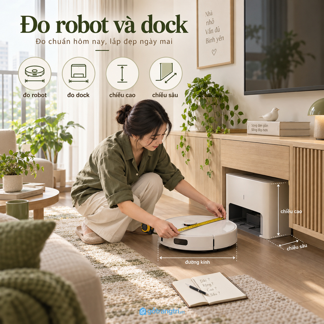 Đo robot dock sạc chiều cao chiều sâu và ổ điện trước khi chốt bản vẽ tủ
