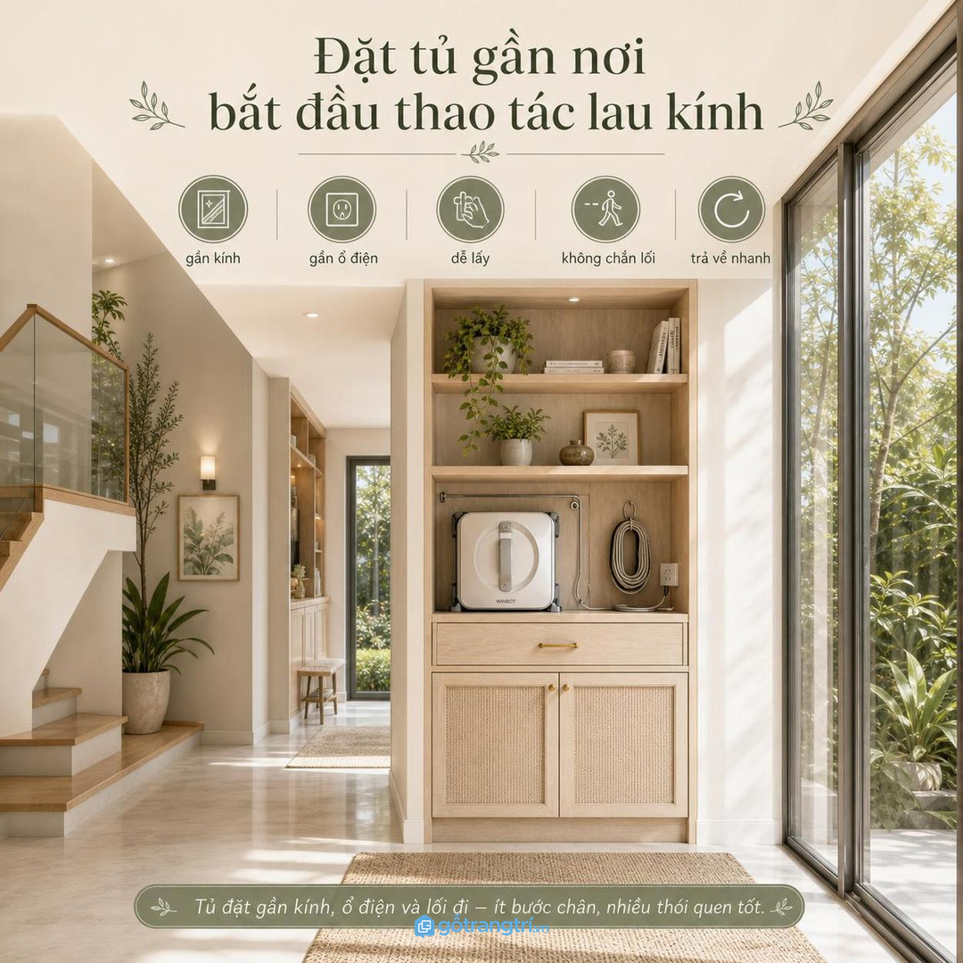 Đặt tủ gần sảnh kính hoặc hành lang giúp lấy robot nhanh và trả về đúng chỗ