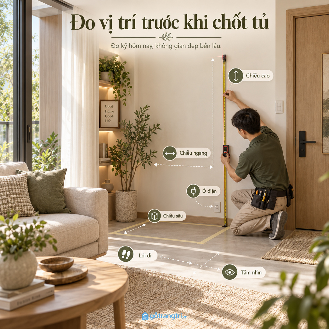 Đo vị trí đặt tủ trước khi chốt chiều sâu chiều cao và ổ điện