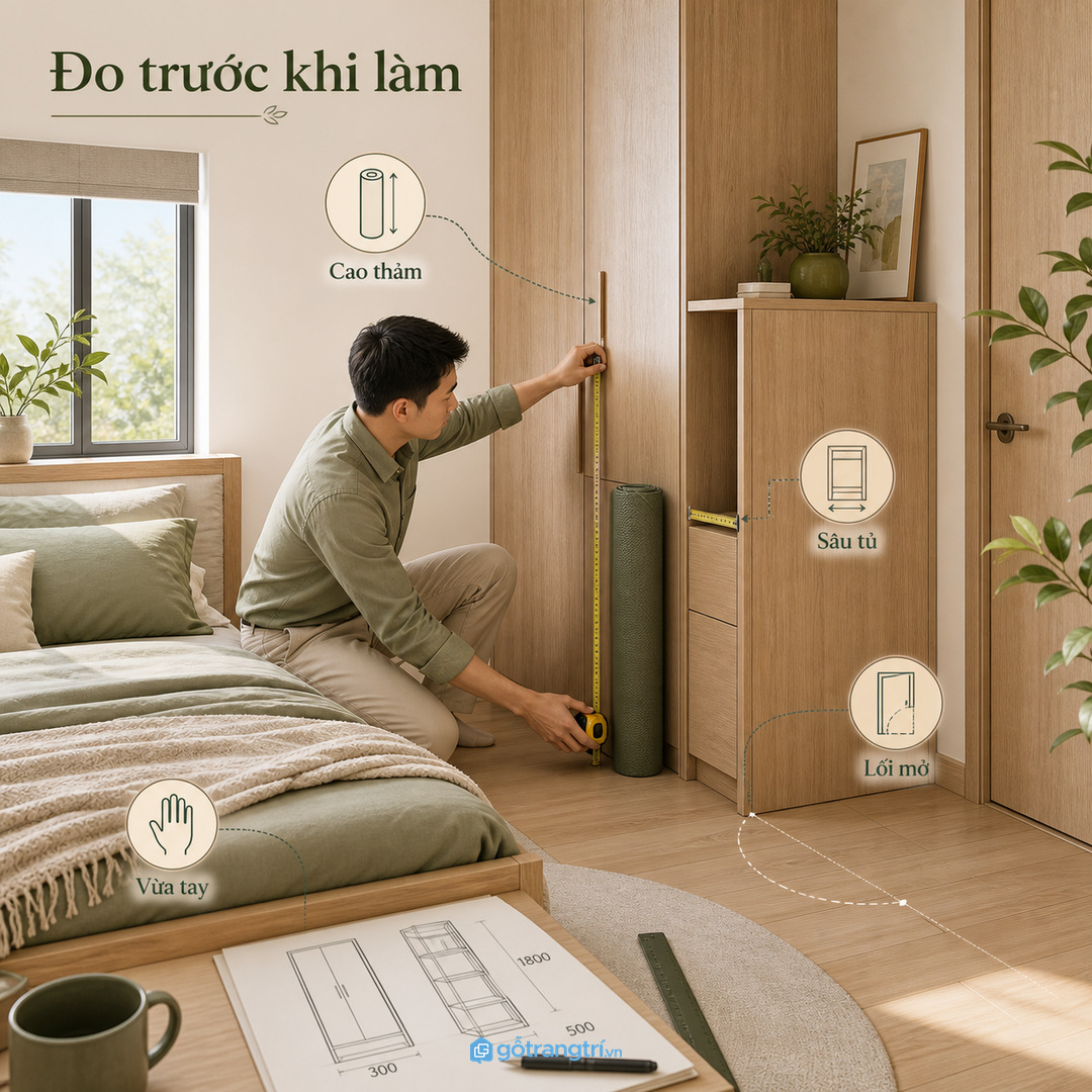 Đo thảm cuộn và chiều sâu tủ trước khi đặt làm