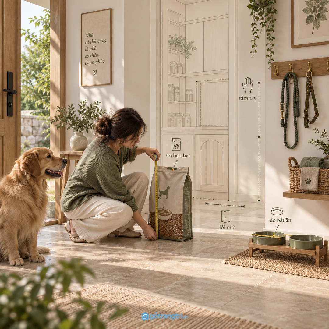 Đo bao hạt bát ăn dây dắt và khăn lau trước khi chốt kích thước