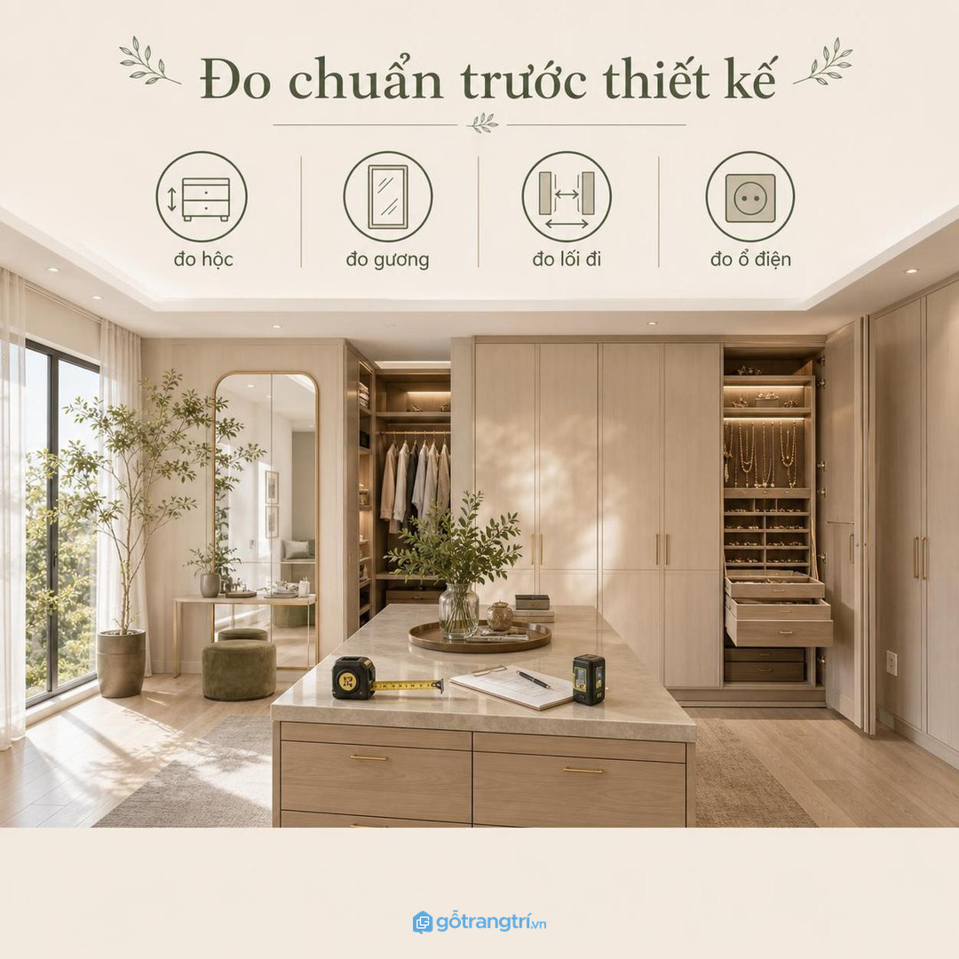 Đo hộc trang sức, gương, lối đi và ổ điện trước khi thiết kế