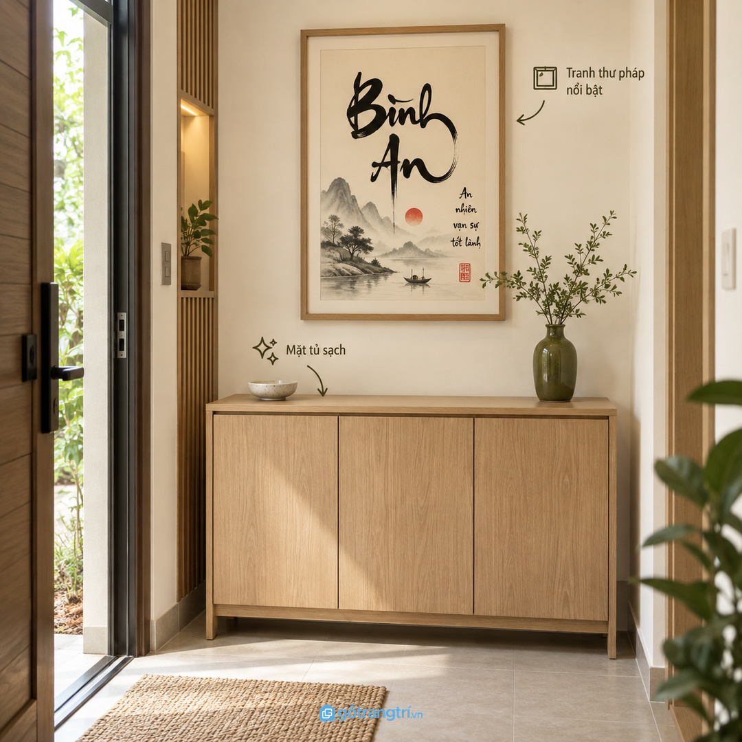 Mặt tủ sạch giúp mảng tường lối vào sáng và trang nhã hơn