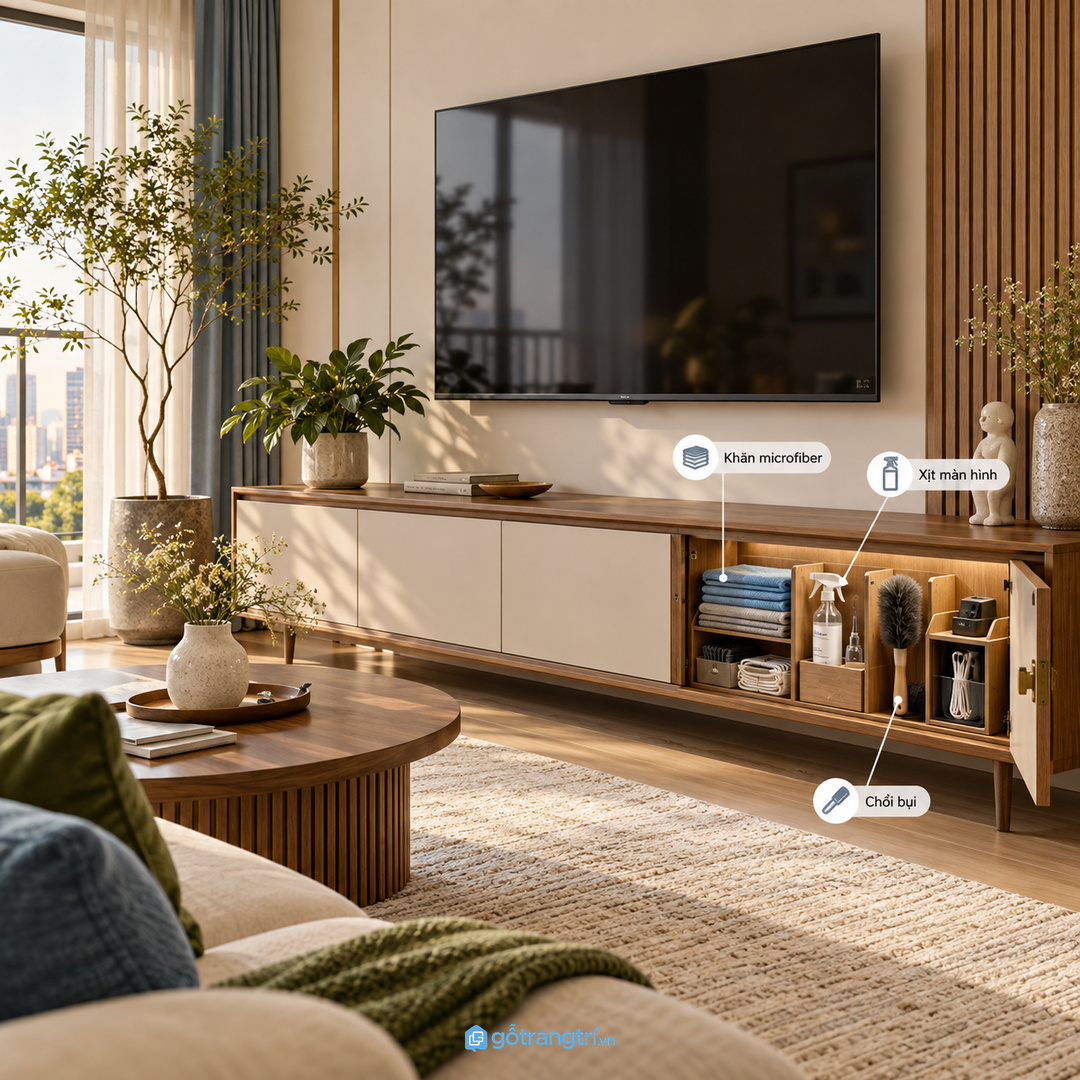 Kệ tivi sạch hơn khi đồ vệ sinh màn hình không nằm lộ trên mặt bàn