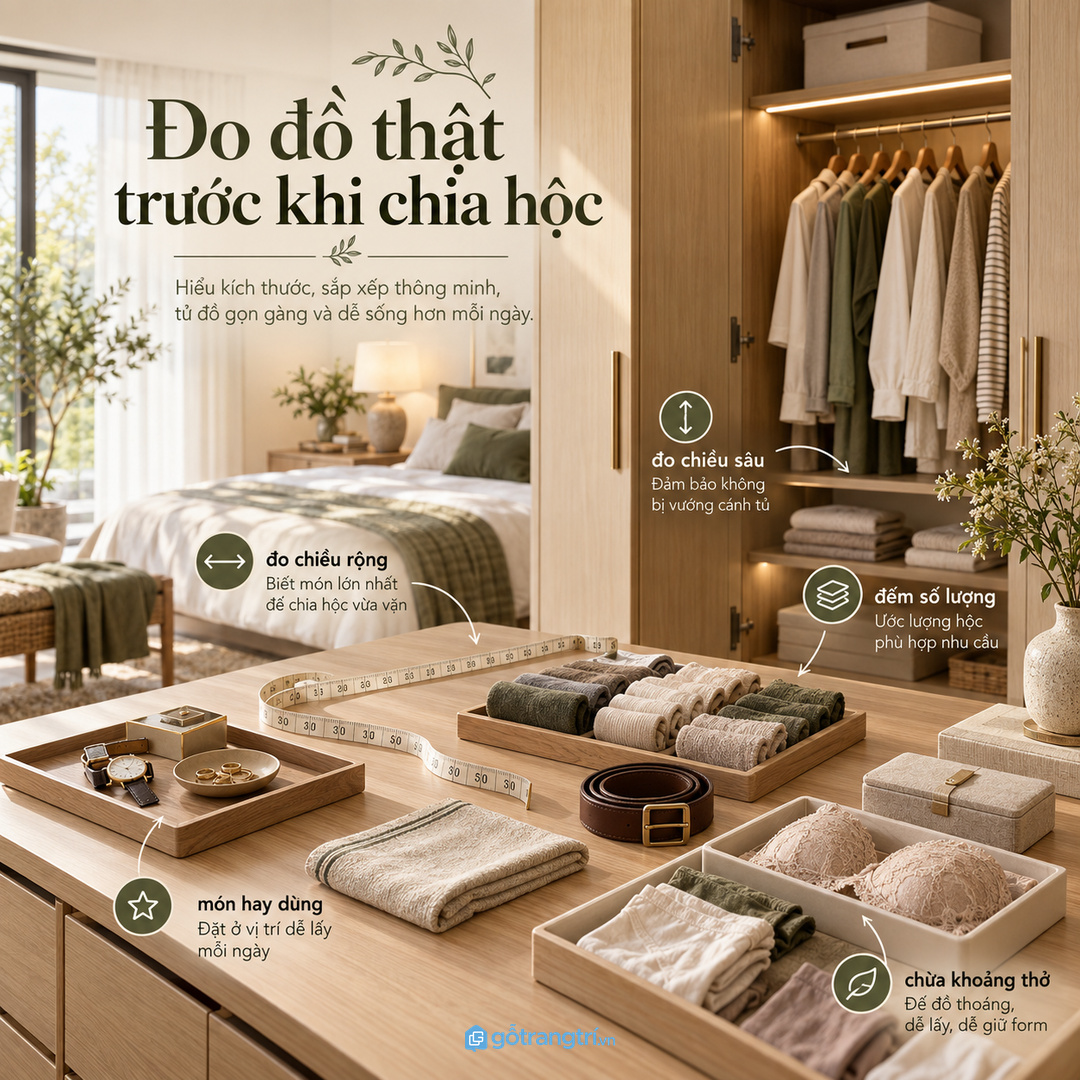 Đo đồ thật trước khi chia hộc giúp tủ vớ tất dễ dùng lâu