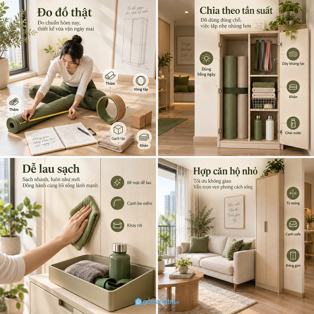 Mặt tủ dễ lau giúp khăn và phụ kiện sau buổi tập sạch hơn