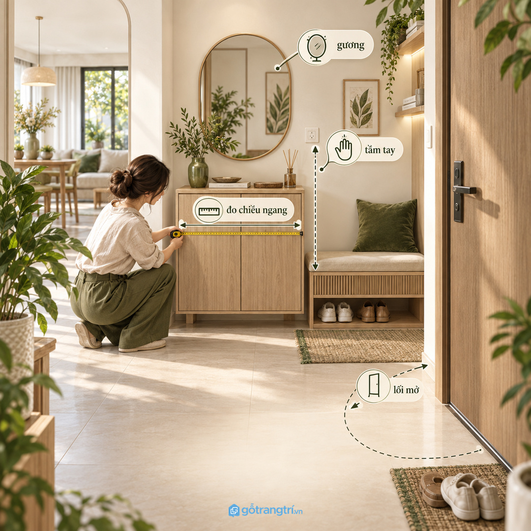 Đo chiều ngang tầm tay gương và lối mở trước khi chốt tủ