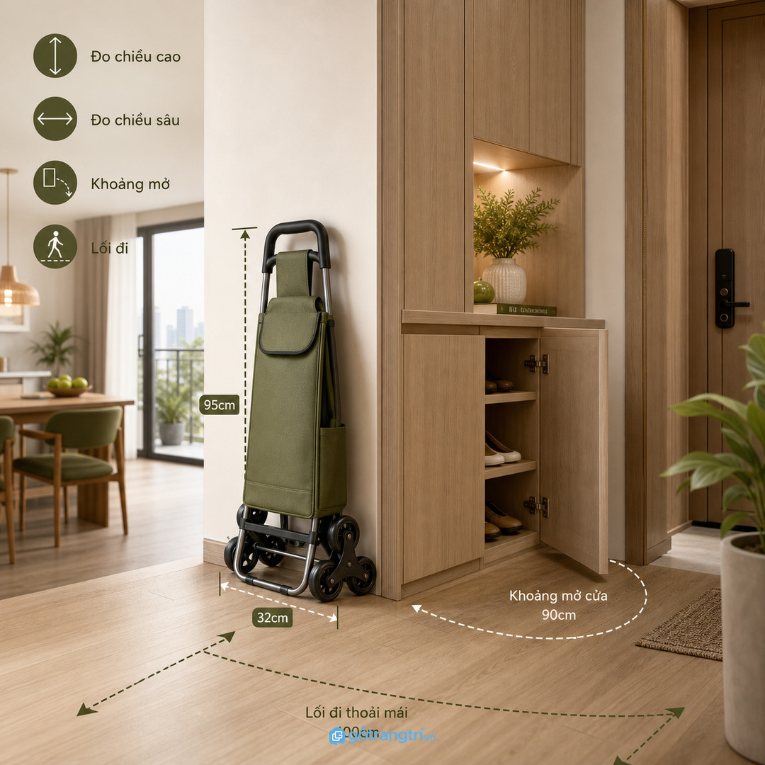 Đo xe đẩy, khoảng mở cánh và lối đứng trước khi chốt bản vẽ tủ