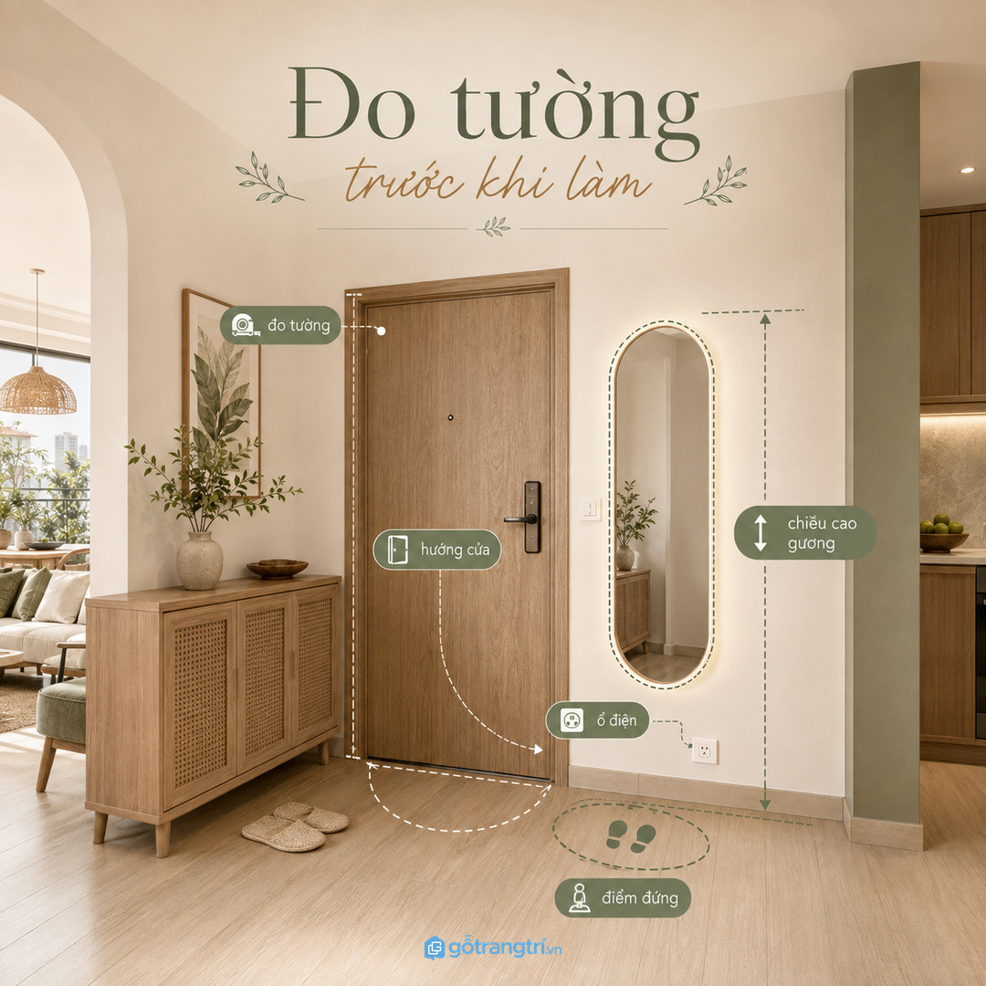 Đo tường, hướng mở cửa, ổ điện và điểm đứng trước khi làm vách gương