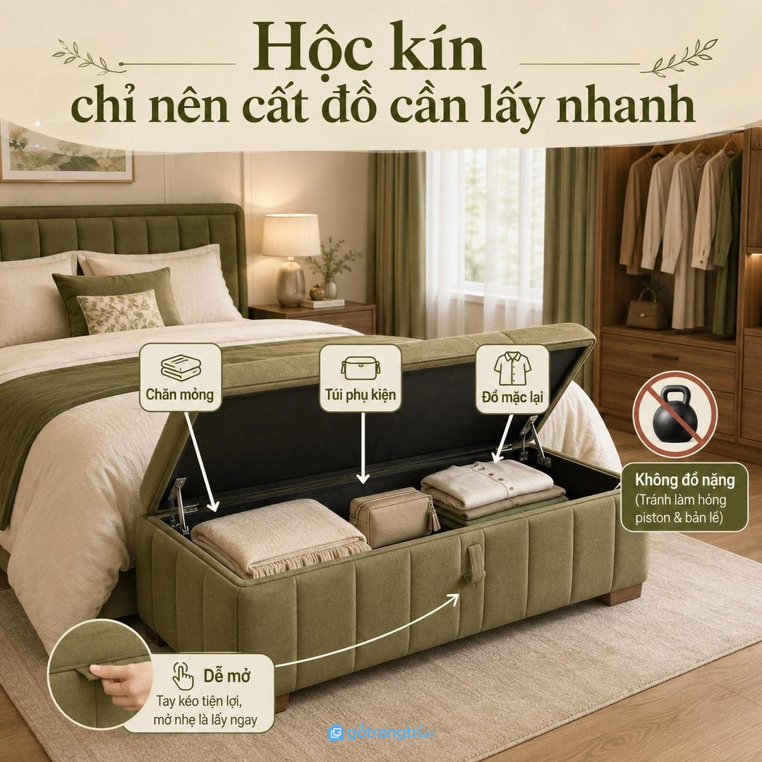 Hộc kín nên chia cho chăn mỏng, túi phụ kiện và đồ mặc lại, không nhồi đồ nặng