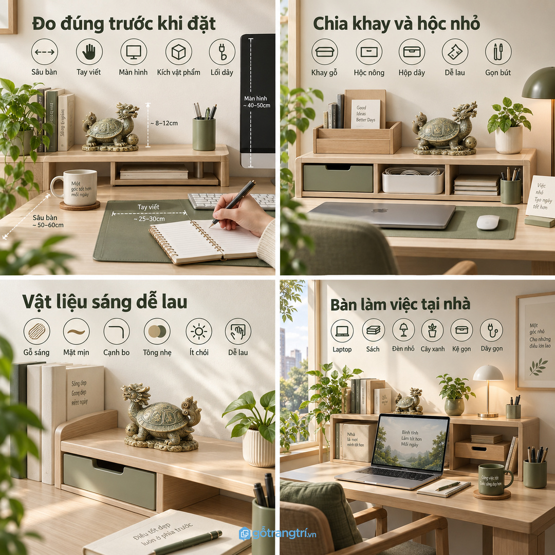 Đo chiều sâu bàn khoảng tay viết màn hình và kích thước vật phẩm trước khi đặt kệ