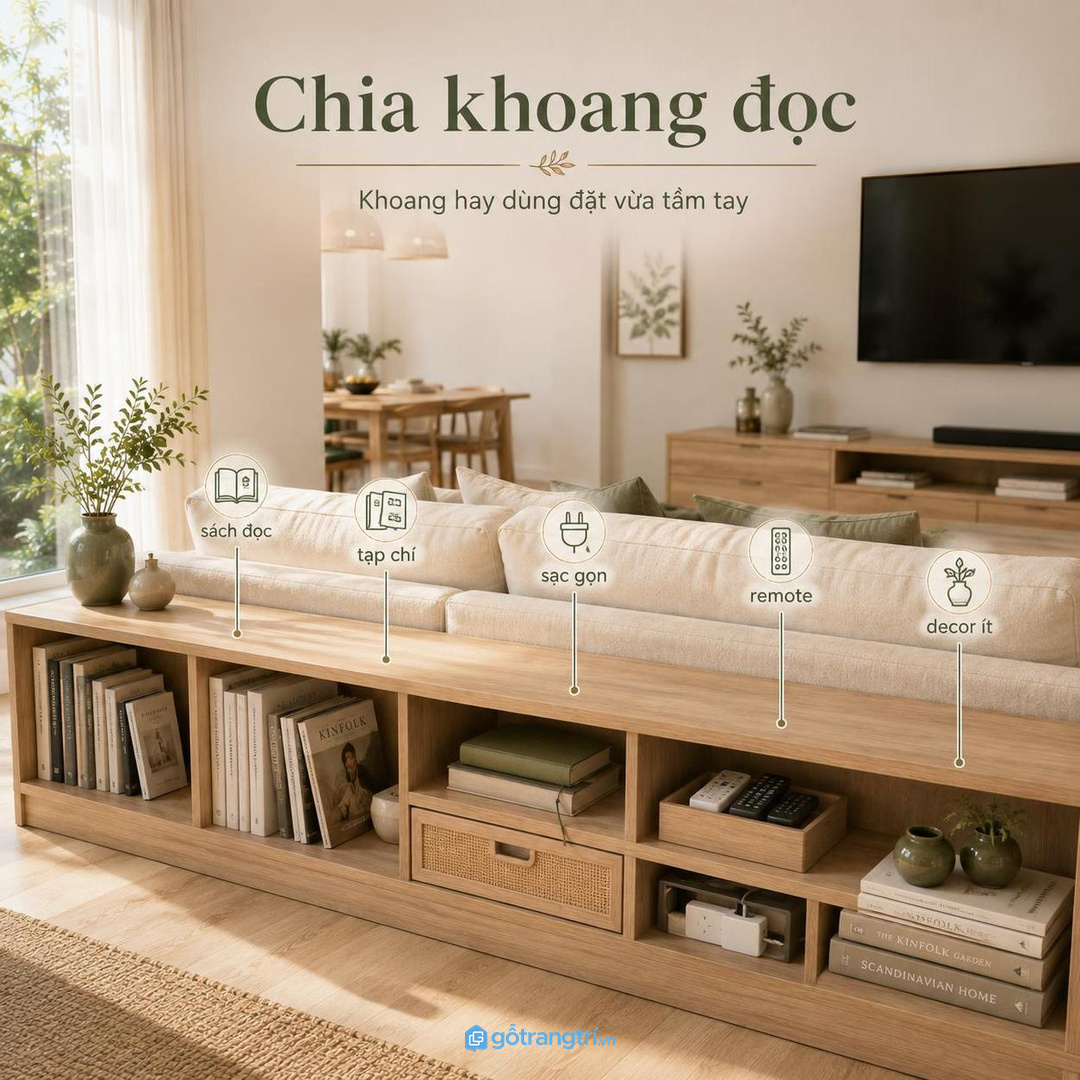 Chia khoang sách tạp chí đồ decor điều khiển và chăn mỏng theo tần suất dùng