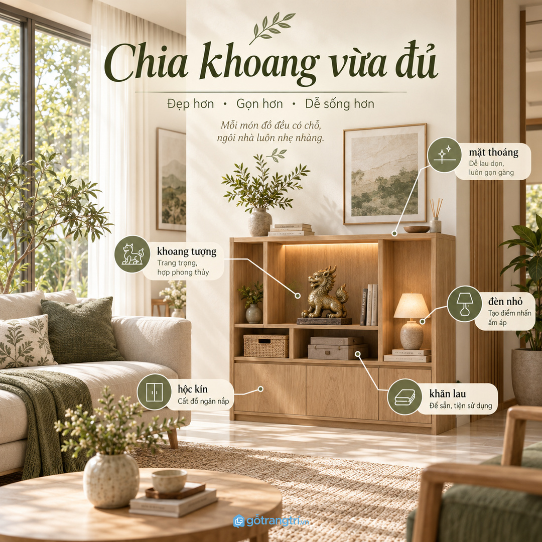 Chia khoang vừa đủ để tượng linh vật, khăn lau, đèn nhỏ và phụ kiện có chỗ riêng