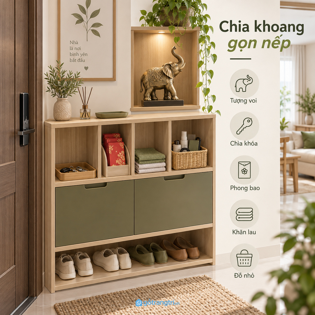 Chia khoang cho tượng voi, chìa khóa, phong bao, khăn lau và đồ nhỏ