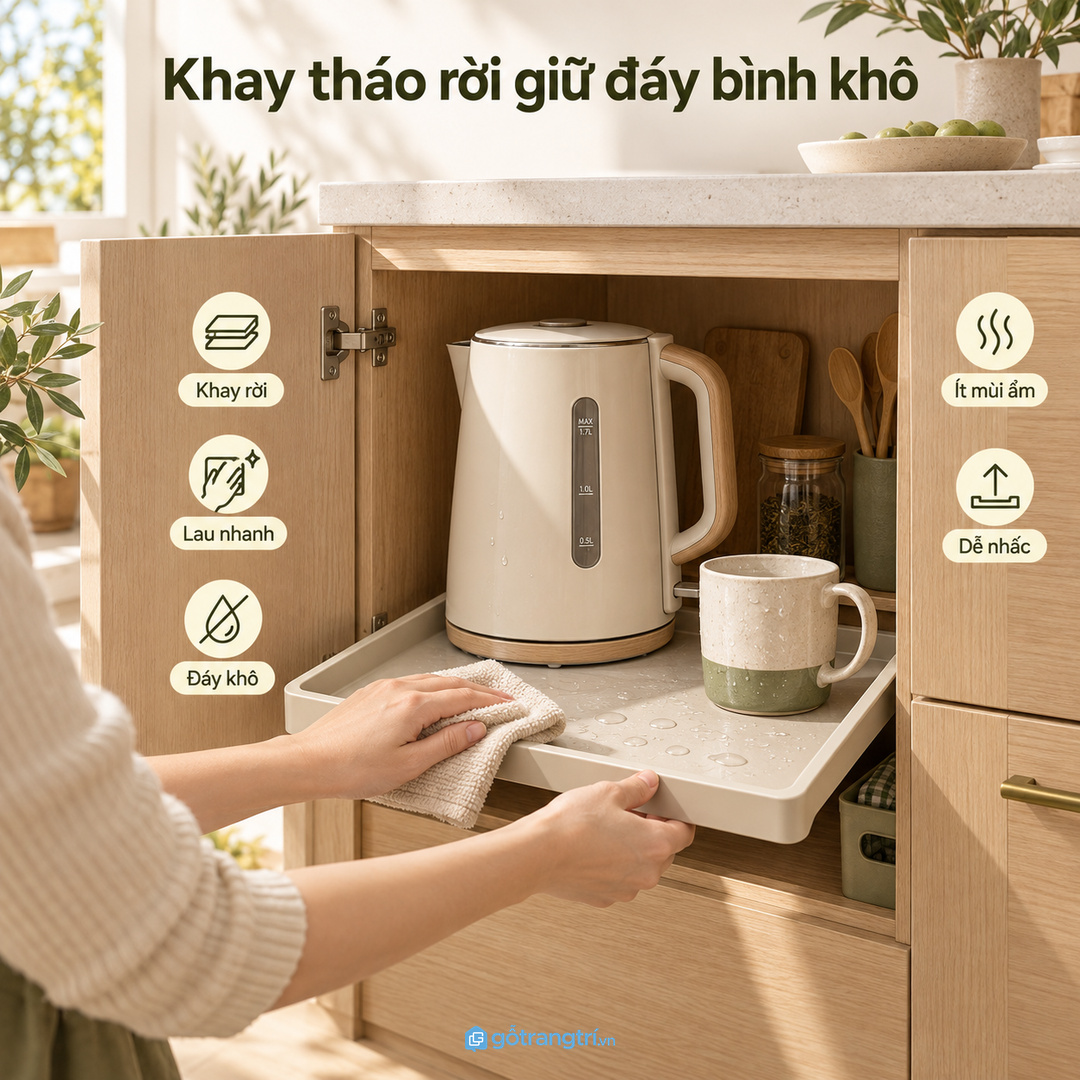 Khay tháo rời giúp lau khô đáy bình, hạn chế mùi ẩm trong hộc