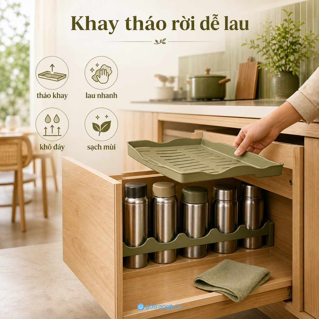 Khay tháo rời giúp lau khô đáy bình, hạn chế mùi ẩm trong hộc