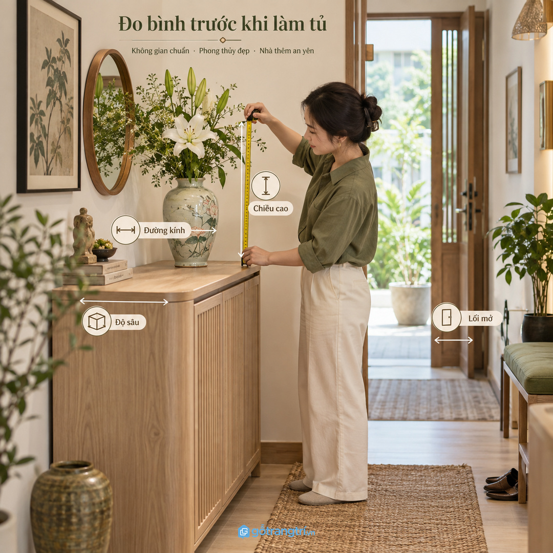 Đo bình hoa và vị trí đặt tủ trước khi chốt kích thước