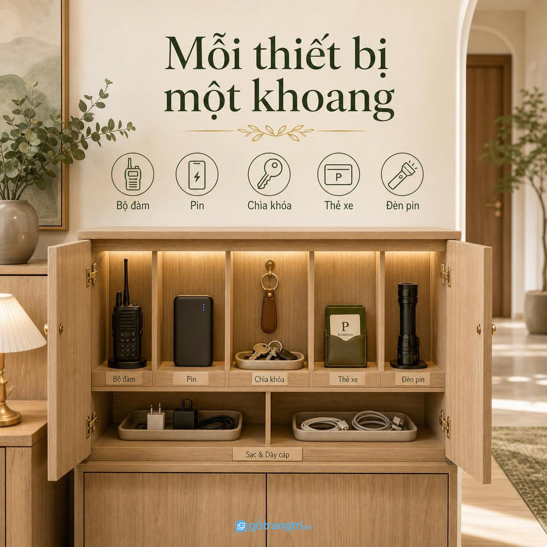 Mỗi thiết bị một khoang giúp bộ đàm pin chìa khóa thẻ xe và đèn pin dễ tìm