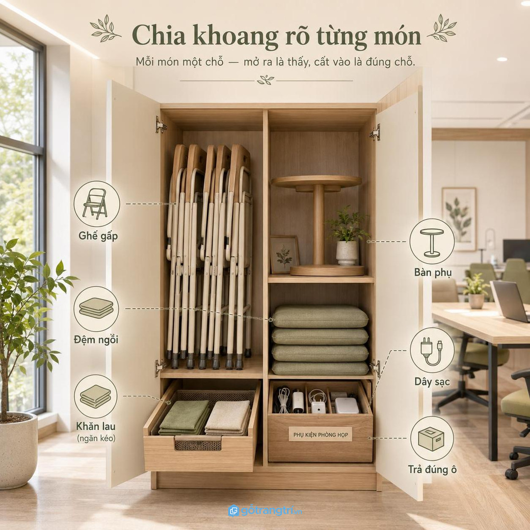 Chia khoang rõ cho ghế gấp bàn phụ đệm ngồi và phụ kiện họp