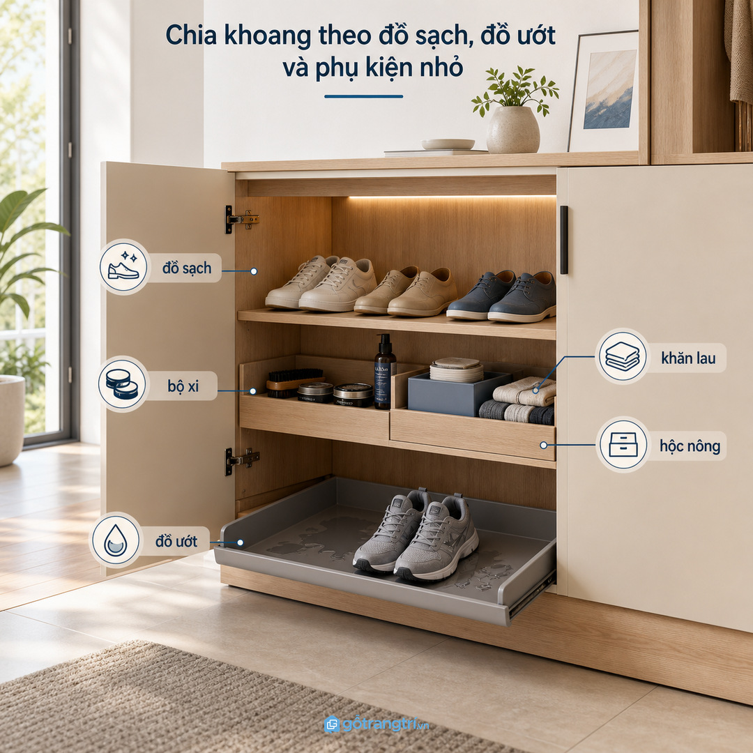 Chia khoang theo đồ sạch, đồ ướt và phụ kiện nhỏ