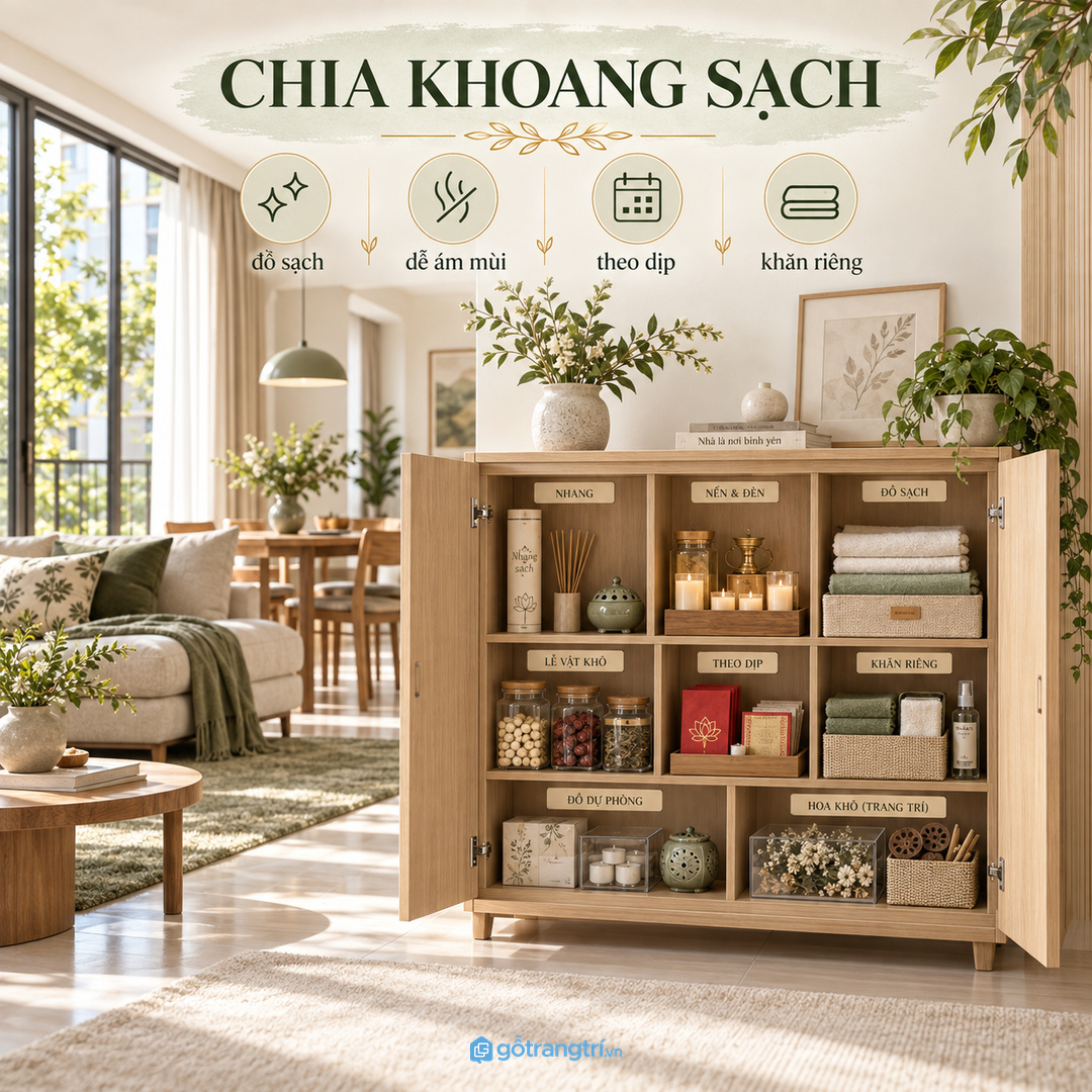 Chia khoang theo đồ sạch đồ dễ ám mùi và đồ dùng theo dịp